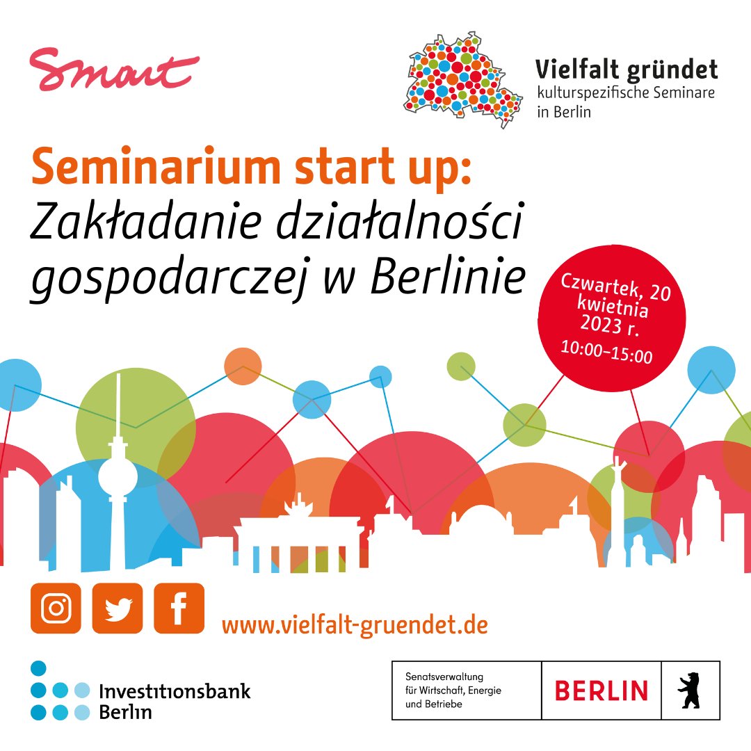 Wir beraten Existenzgründer*innen auf Polnisch!
Am 20.04.23 findet das Existenzgründungsseminar für Polnisch sprechende Gründungsinteressierte in Kooperation mit @smartdecoop statt.

Datum: 20.04.23
Zeit: 10.00-15.00 Uhr
Anmeldung: lets-meet.org/reg/1f2df44769…
Teilnahmekosten: 10 EUR