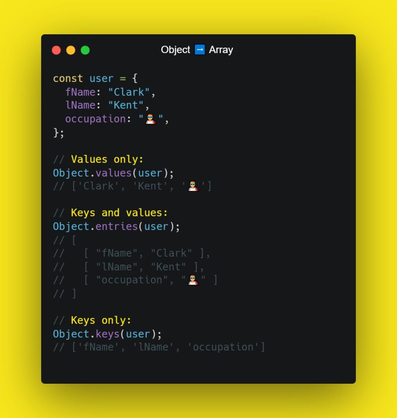 hibobski's tweet image. Object.values(), Object.entries() and Object.keys() return an array from a JS object 🔄✨
👉 Looping through objects YT tutorial: bit.ly/3MgMC9o

#javascript #javascripttutorial #webdevelopment #nodejs #coding