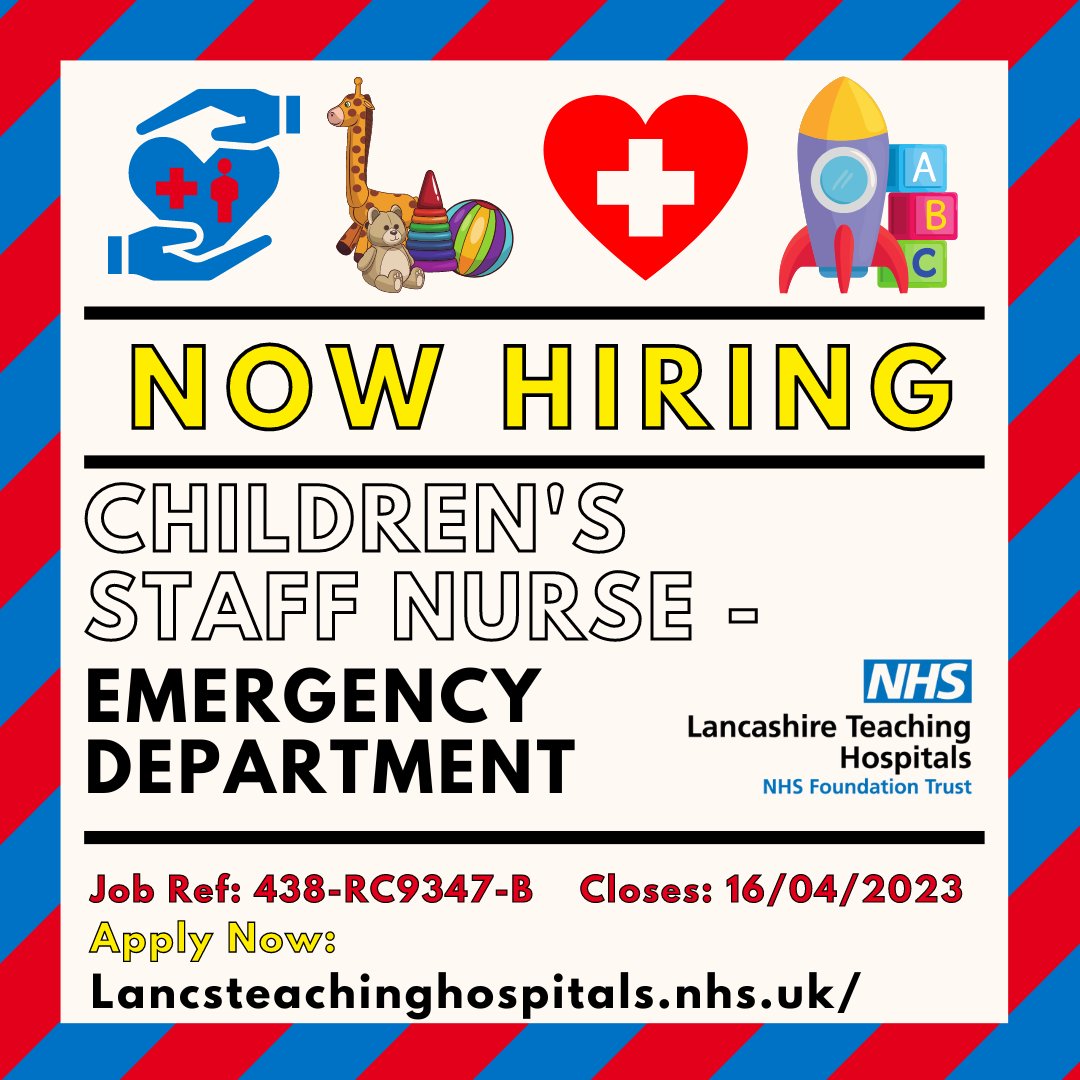 Lancashire Teaching Hospitals Jobs 💙 (@lancshospjobs) on Twitter photo Job Vacancy: Children's Staff #Nurse - #Emergency Department <a href="/LancsHospitals/">Chorley & Royal Preston</a>
#teamED are seeking dynamic and dedicated Children’s Nurses with a passion for emergency trauma care!
⏰Closes: 16/04/2023
Read more &apply: shorturl.at/qJMY8
@LTHTREmergency1 #NHS #NHSjobs Job Vacancy: Children's Staff #Nurse - #Emergency Department <a href="/LancsHospitals/">Chorley & Royal Preston</a>
#teamED are seeking dynamic and dedicated Children’s Nurses with a passion for emergency trauma care!
⏰Closes: 16/04/2023
Read more &apply: shorturl.at/qJMY8
@LTHTREmergency1 #NHS #NHSjobs