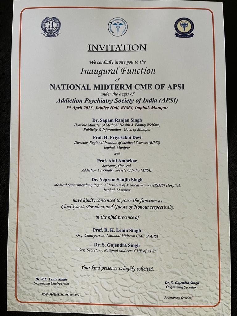 Addiction Psychiatry Society India (@addictionpsyin) on Twitter photo Glimpses of the inaugural ceremony of CME of <a href="/addictionpsyin/">Addiction Psychiatry Society India</a> .
Hon. Minister Shri <a href="/rsapam/">Dr Sapam Ranjan Singh</a> graced the occasion as chief guest. Our Secretary General, <a href="/atulambekar/">Atul Ambekar</a> represented APSI. Glimpses of the inaugural ceremony of CME of <a href="/addictionpsyin/">Addiction Psychiatry Society India</a> .
Hon. Minister Shri <a href="/rsapam/">Dr Sapam Ranjan Singh</a> graced the occasion as chief guest. Our Secretary General, <a href="/atulambekar/">Atul Ambekar</a> represented APSI.