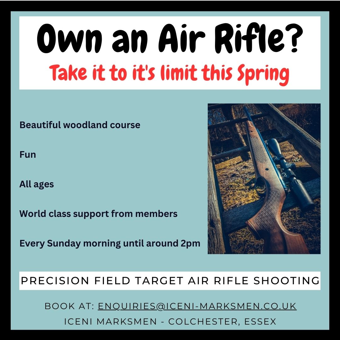 IceniMarksmen's tweet photo. We have membership available @ Iceni Marksmen, Colchester. Check out our Facebook page: https://t.co/YTDa8bcqvc
@AirArmsUK @AirgunShooter @AirGunCentre @AirRifleReview @airriflesuk @shootinguk @Steyr @weihrauch @anschutz @fieldtargetshooting @colchester @essex @WaltherFirearms https://t.co/RyvNIVwDEZ
