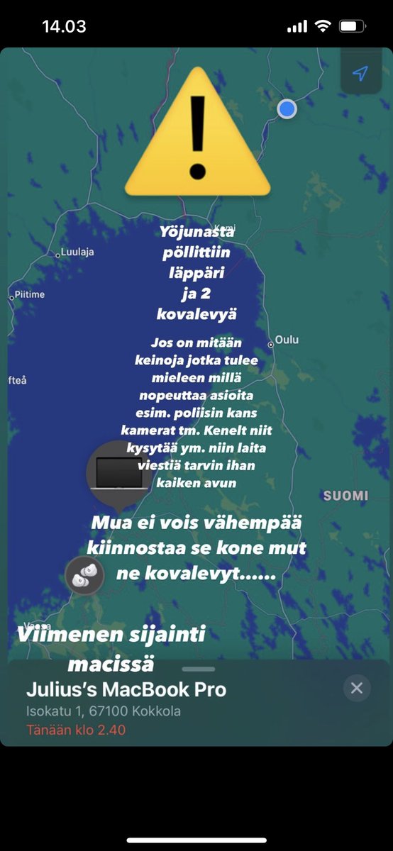 POHJANMAA JA SUOMI NYT TARVITAAN APUA!!

Juliuksen läppäri ja kovalevyt varastettiin yöjunasta ja niissä korvaamatonta materiaalia! Kaikki vinkit ja vihjeet otetaan vastaan, löytöpalkkio luvataan! Sisältää mm melkein valmiin hiihtodokkarin matskut! 

Jaa ja auta!! #hiihto