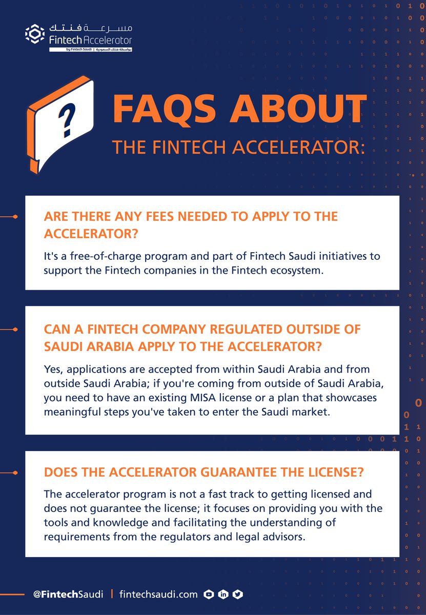 FintechSaudi's tweet image. Here are some of the #FAQs that we received from the Fintech companies who are interested in joining the #FintechAccelerator
Apply through:
fintechsaudi-accelerator.com