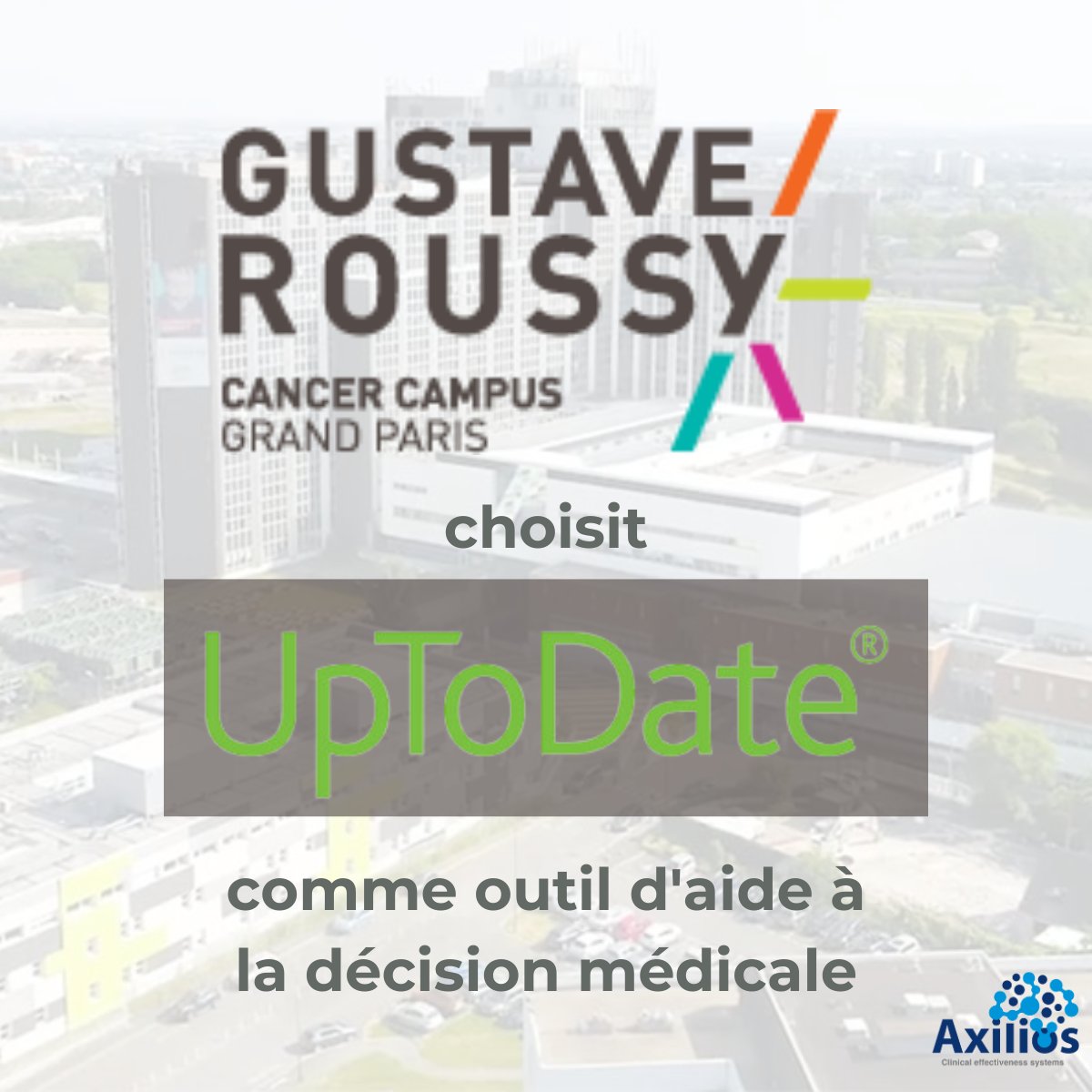 axilioSADM's tweet photo. 🎉UpToDate® est extrêmement fier de vous annoncer que l’Institut @GustaveRoussy, 1er centre de lutte contre le cancer en Europe, choisit UpToDate® comme outil d’aide à la décision clinique.
Vous aussi, profitez d'un essai sans engagement, en nous contactant : info@axilios.com https://t.co/D2F860TFes