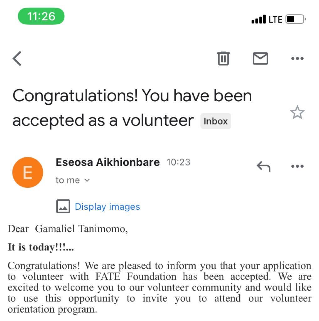 Woke up to this🕺🕺🕺! I remain resolute to offering immense value to the entrepreneurship ecosystem. In 🇳🇬 and beyond.

The latest @FATEFoundation Volunteer 🍾🙏✍️

Let’s get to work bro!!!

#BuildCapacity
#OpportunitiesInTheHorizon
#WednesdayMotivation