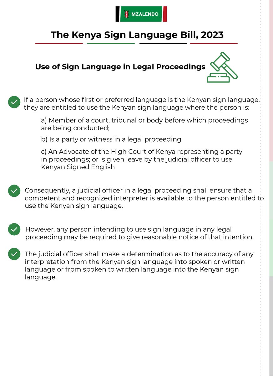 MzalendoWatch's tweet photo. What does the Bill propose on the use of Sign Language in Legal Proceedings?👇
A judicial officer shall ensure that a competent and recognized interpreter is available to the person entitled to use the Kenyan sign language.
#InclusionKE
#PublicParticipationKE https://t.co/Ates4bTTPH