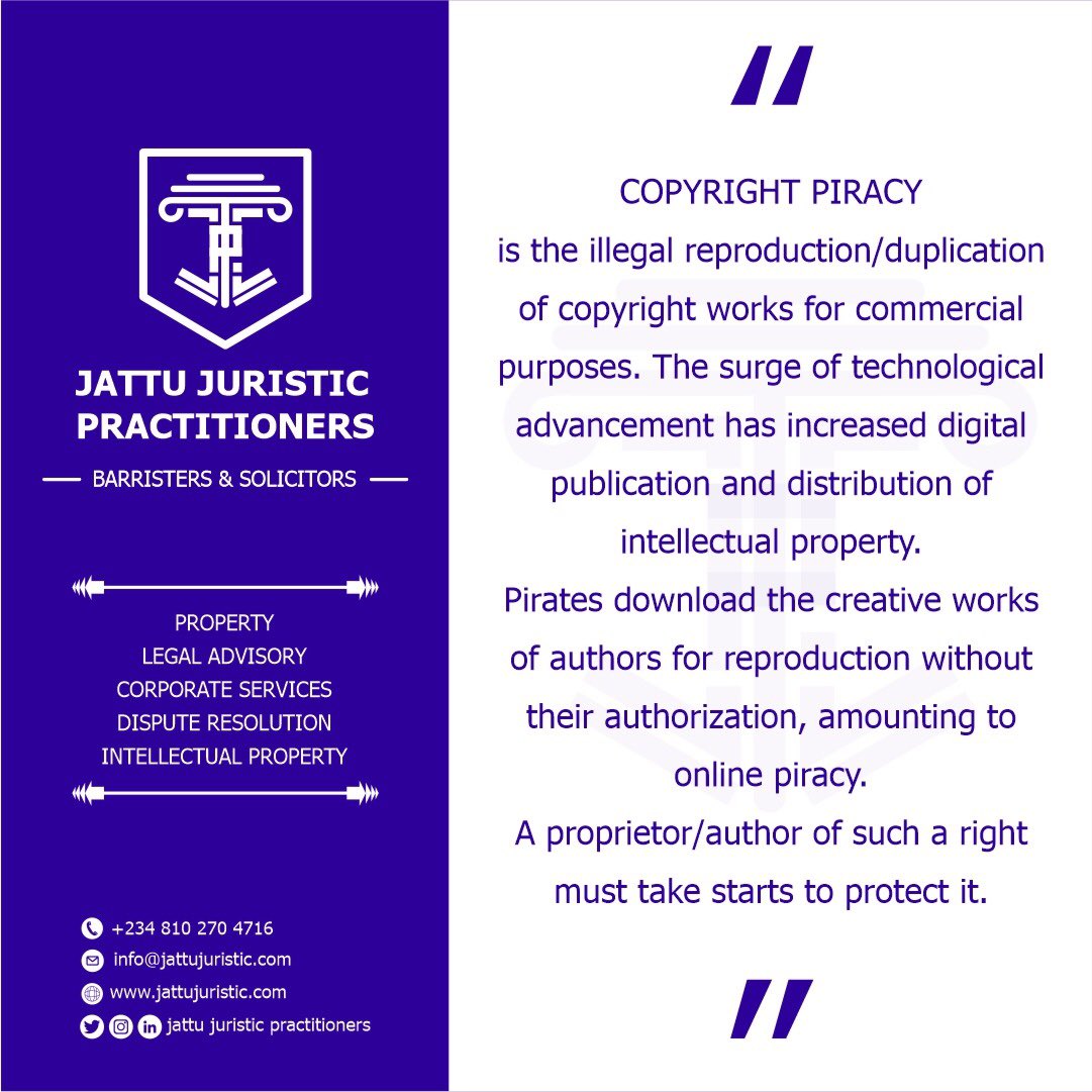 Jattu_Juristic's tweet photo. Proprietors/authors of artistic and literary works should take steps to protect their works against copyright piracy.

#copyrightpiracy #copyright #ip #intellectualpropertyrights #ipattorney #startup #entertainment https://t.co/xRlrX25v5j