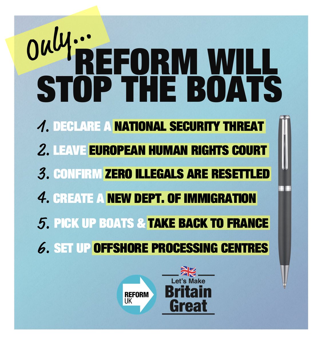ReformBexley's tweet photo. Our plan to stop the boats 👇

No luxury hotels. No handouts. No resettlement in the UK.

Only @reformparty_uk will stop the boats. ➡️🇬🇧 https://t.co/roYuMzjSll