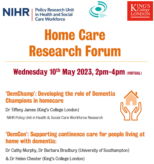 MonicaLeverton's tweet photo. The next Home Care Research Forum on 10th May focuses on two current dementia research studies:

1) 'DemChamp' - @TiffenyJames from @hscwru 

2) 'DemCon' - @HelenJChester @KingsCollegeLon, Dr Cathy Murphy &amp; Dr Barbara Bradbury @unisouthampton 

Register: https://t.co/aV404LsEnA https://t.co/E9EgmykQT3