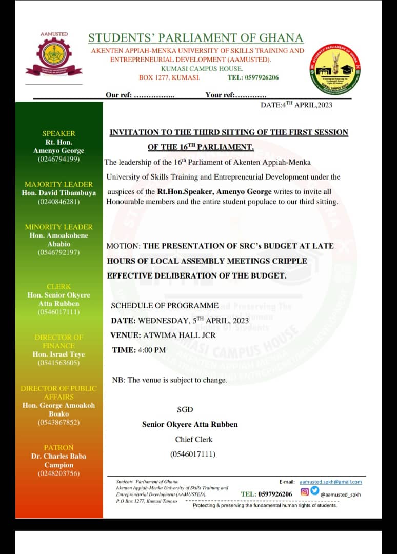 aamusted_spkh's tweet photo. @aamusted_spkh invites honourable members and the general public to the third sitting of the first session. 

You can't afford to miss it. https://t.co/2Spd6Lbc00