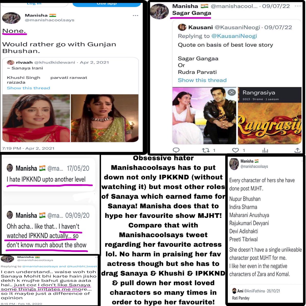 Arshisarunfan's tweet photo. Manishacoolsays’ hatred is not just limited to #Khushi #IPKKND but also #SanayaIrani’s other role! She even comments there where her fav show is not even mentioned! But she has to put down Sanaya’s other roles to praise her fav! Compare that to her comment wrt her fav actress lol https://t.co/p5h6RNwneh