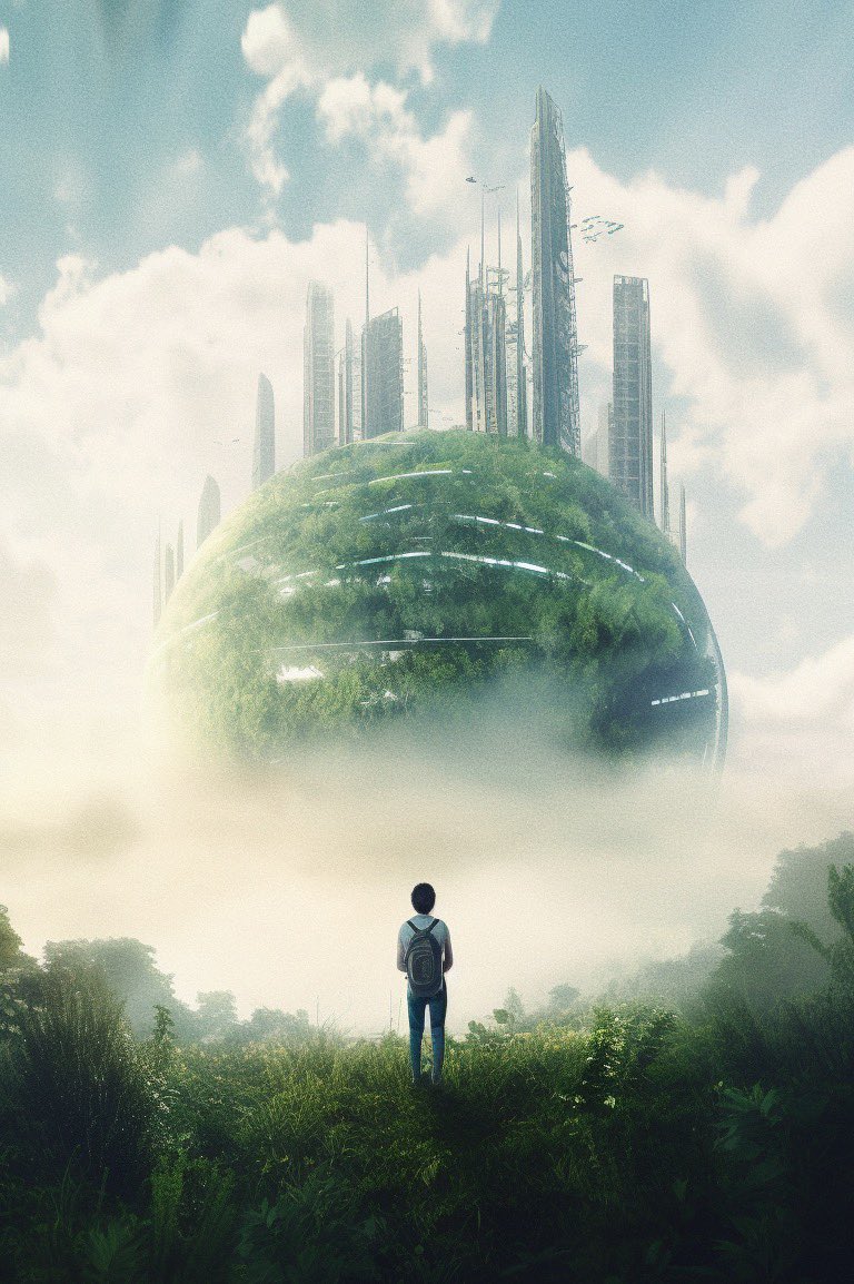 Is this the future we've been dreaming of? View of a floating island city, adorned with greenhouses and plants. 

Created in Midjourney V5, prompt in alt.