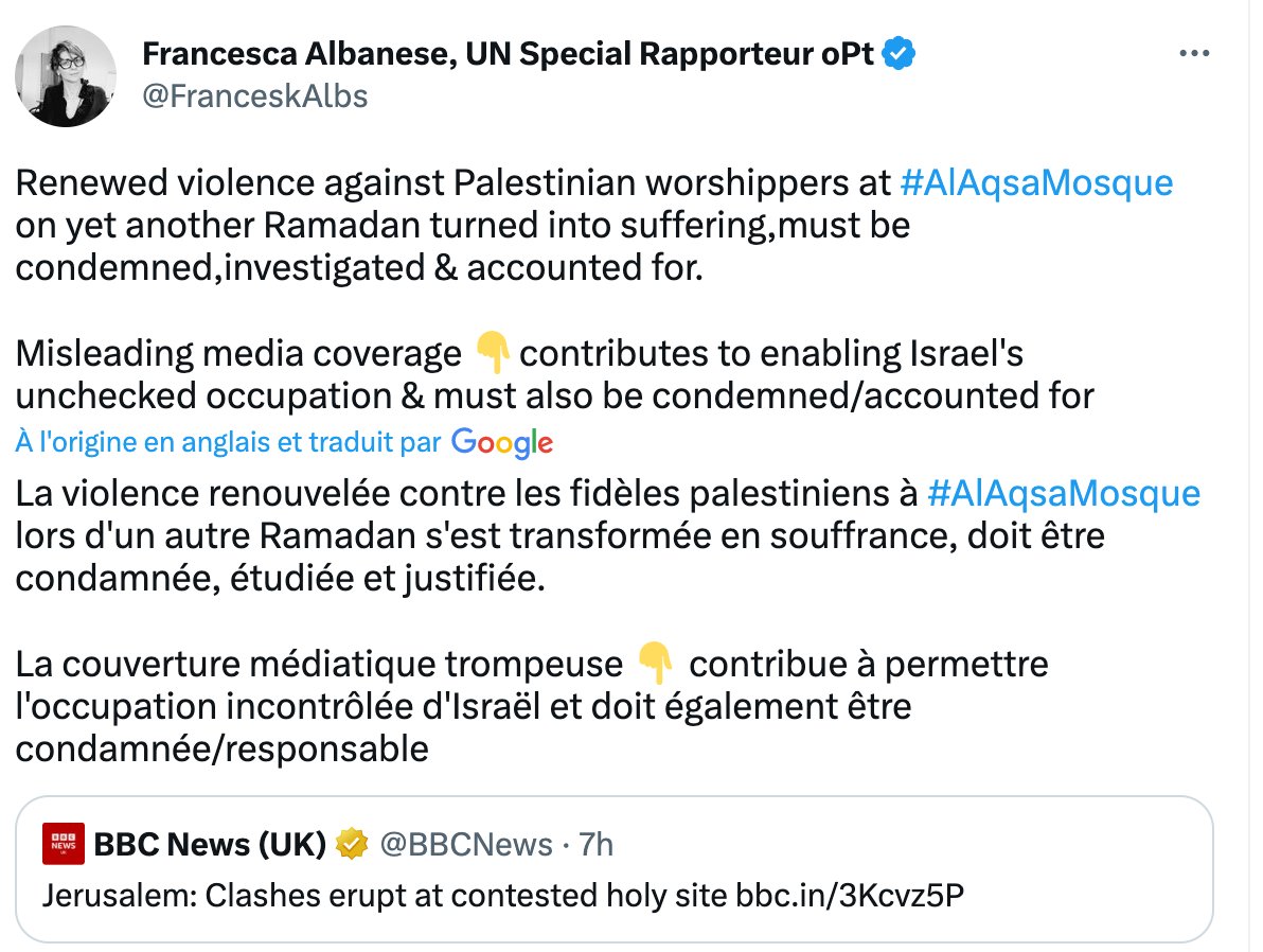 leilachaibi's tweet image. Non ce ne sont pas des &quot;affrontements&quot;. C&apos;est un déchaînement de brutalité de la part d&apos;un régime extrémiste dans un lieu saint de l&apos;Islam.

L&apos;exemple de la &quot;couverture médiatique trompeuse&quot; dénoncée par la rapporteure de l&apos;ONU sur les territoires occupés.