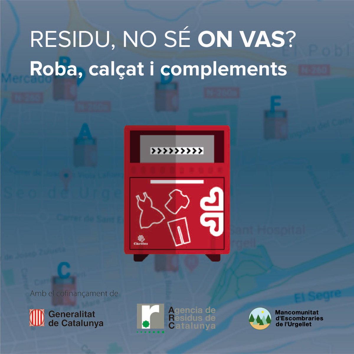 MancoUrgellet's tweet image. Actualment hi ha una xarxa de contenidors per a la recollida de roba,
calçat i complements a la Seu d’Urgell, la deixalleria, Montferrer i
el Pla de Sant Tirs.
Consulta on pots trobar-los a:
meu.cat/contenidors-de…

#cpinnovació
#selectiva
#residus