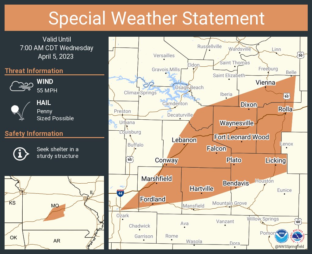 This graphic displays a special weather statement plotted on a map. The statement is in effect until 7:00 AM CDT. The statement includes Rolla MO, Fort Leonard Wood MO and Lebanon MO. Strong thunderstorms will impact portions of central Maries, Webster, Wright, southeastern Miller, Laclede, Pulaski, northern Texas, southeastern Greene and Phelps and southeastern Camden Counties through 700 AM CDT. The threats associated with this storm are wind gusts up to 55 MPH and penny sized hail. Seek shelter in a sturdy structure until the storm passes.