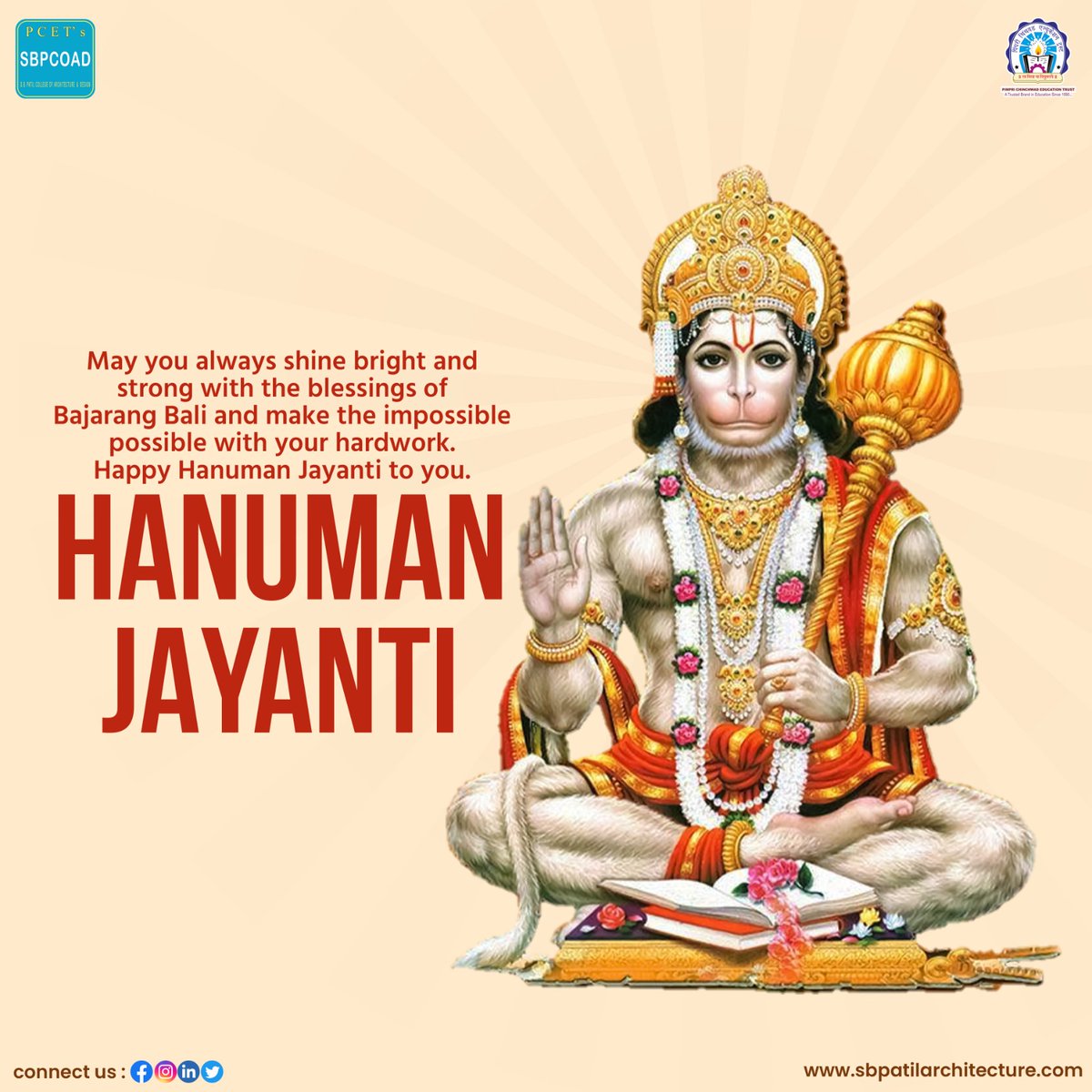 SBPCOAD's tweet photo. May #Lord #Hanuman shower his divine blessings upon all of us. #LordHanuman represents STRENGTH, BHAKTI, DEVOTION &amp; SPACE OF POSSIBLITY.
Our heartfelt blessings &amp; greetings to everyone on this auspicious day of #𝑯𝒂𝒏𝒖𝒎𝒂𝒏𝑱𝒚𝒂𝒏𝒕𝒊

#PCET #SBPCOAD #Maruti #hanumanjanmotsav https://t.co/6vbyOPNGvY