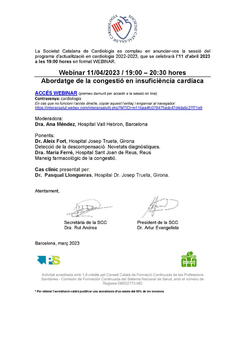Recordeu📣

L'11/04, dimarts que ve, tindrem una sessió de #formaciócontinuada on parlarem de l'abordatge de la congestió en insuficiència cardíaca amb:

🔴Dr. Aleix Fort
🔴Dra. Maria Ferré

Cas clínic presentat per:
🔴Dr. Pasqual Llongueras

Apunta-t'ho a l'agenda!✍️