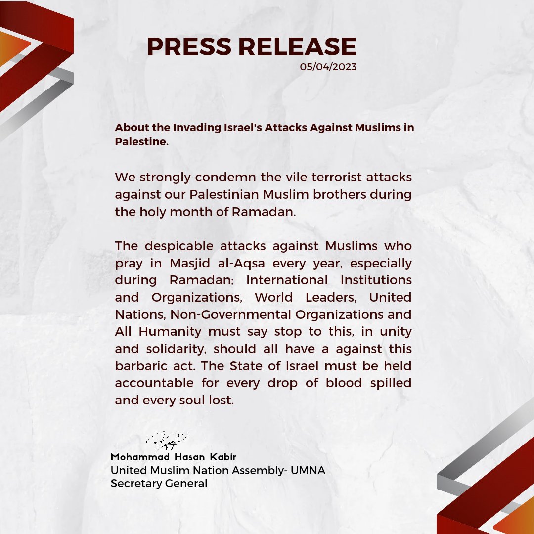 UMNA23's tweet photo. About the Invading Israel's Attacks Against Muslims in Palestine.

We strongly condemn the vile terrorist attacks against our Palestinian Muslim brothers during the holy month of Ramadan. 

#UMNA #UİHM @M_Hasanofficial #AlAqsaUnderAttack #Palestine https://t.co/vLjRvvTqiT