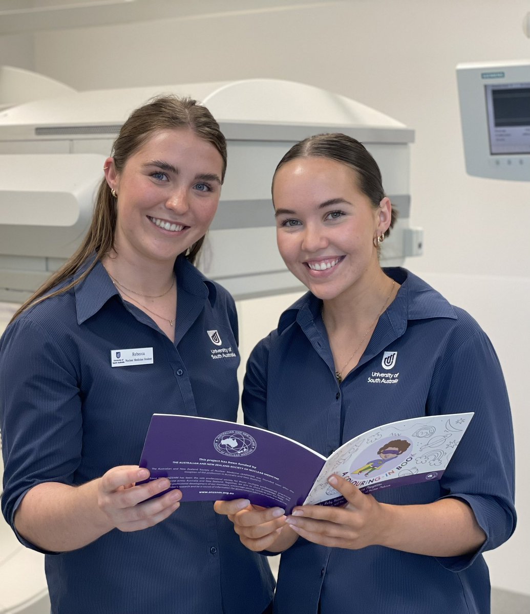 Prof_KL_Jones's tweet photo. Fantastic presentation tonight at the SA/NT ANZSNMT Branch meeting by two extraordinary UniSA nuclear medicine students, Ruby Holman and Rebecca Mangelsen, who created a paediatric nuclear medicine colouring book to improve patient experience. @anzsnm1969 @UniversitySA https://t.co/9mx2MydmyF