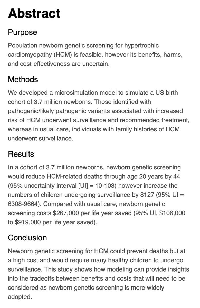 A central question for our upcoming, pre-symptomatic genomics future is becoming clear: how much is a life worth?

Benefits, harms, and costs of newborn genetic screening for hypertrophic cardiomyopathy: Estimates from the PreEMPT model
gimjournal.org/article/S1098-…