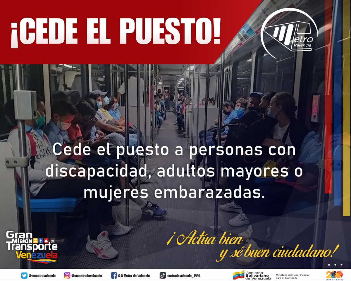 CAMETROVALENCIA's tweet photo. #EnMetro🚇|| Cumplir las #Normas dentro del #SistemaMetro son esenciales para el desarrollo óptimo del servicio de traslado en @CAMETROVALENCIA||Cede el puesto a mujeres embarazadas, adultos mayores o personas con discapacidad. Sé buen ciudadano👨🏽🦳🤰👩🏾🦽✅||#PuebloEnOraciónYPaz https://t.co/LvxOfCHDI9