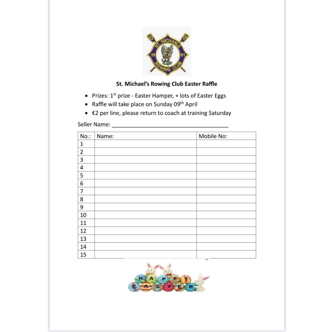 🐣 SMRC Easter Raffle 🐣 

Want to win a Easter Hamper or an Easter egg this weekend? 

For just €2 given to any of our members with raffle sheets, you can enter our Easter Raffle 🎟️ 

Return raffle sheets to any coach this Saturday to be in with a chance 🍫