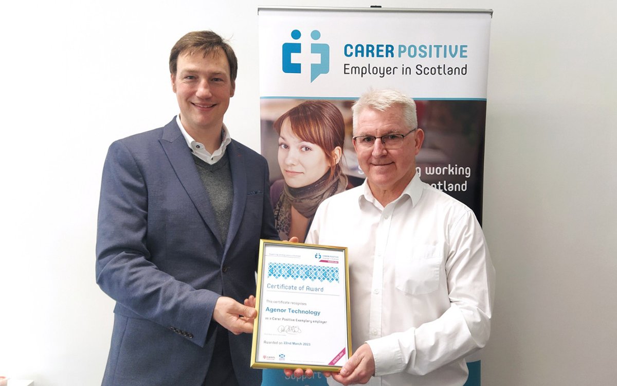 CarerPositive's tweet photo. We were thrilled to welcome Tony Smith from @AgenorTech to our office yesterday to present him with Agenor's Exemplary Carer Positive award! Agenor are a fantastic example of a smaller organisation who have developed really great workplace support for carers. Well done! 🏆 👏 https://t.co/14IVXzyzBw