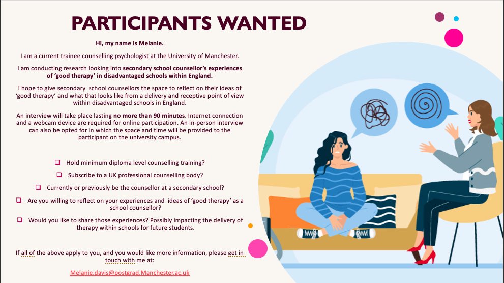 Looking for school-based counsellors in England to interview as part of my doctoral research with <a href="/OfficialUoM/">The University of Manchester</a>. 
Please see the attached poster for more details. 
Any enquires can be made using the email provided in the advert. 
Thank you, and I look forward to hearing from you!