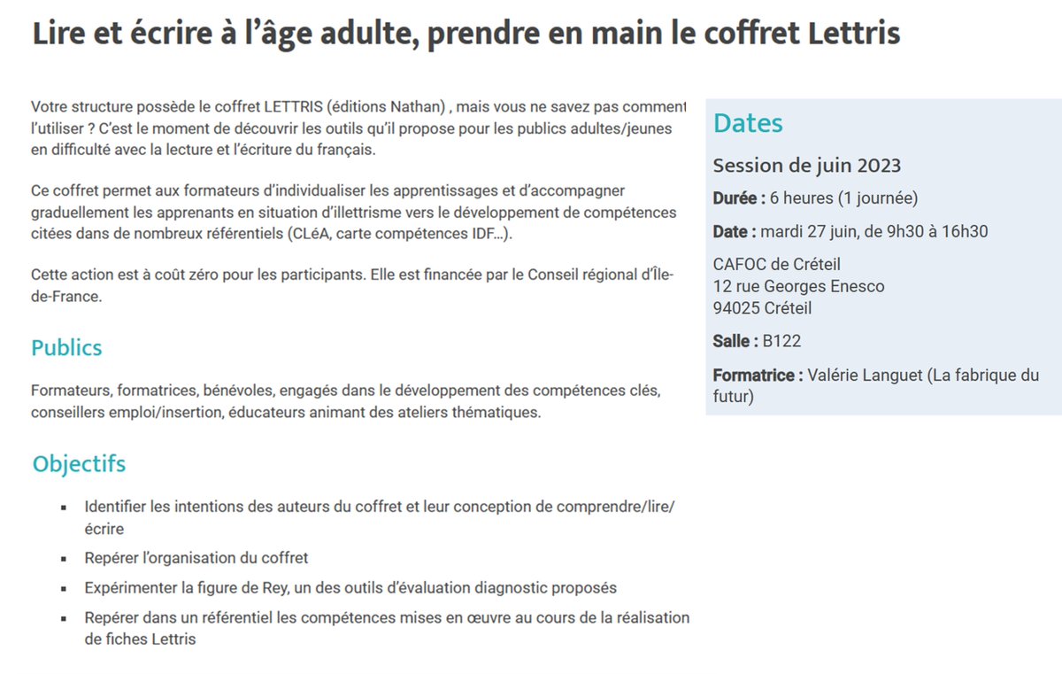 CDRIML_IDF's tweet image. [PLACES DISPONIBLES]
➡️Votre structure possède le coffret LETTRIS ?
Venez découvrir comment l&apos;utiliser avec les publics adultes/jeunes en difficulté avec la lecture et l’écriture du français. 
🗓️Mardi 27 juin au CAFOC de Créteil
📌Inscriptions : forms.gle/pQu1eBWRBEDktB…
#CDRIML