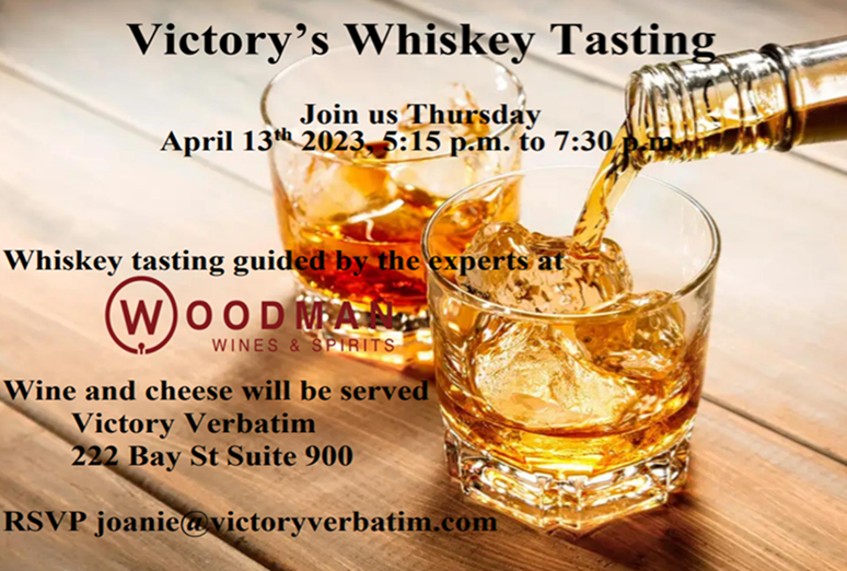 victoryverbatim's tweet photo. Litigation counsel are invited to a complimentary whiskey tasting guided by the experts at @WoodmanWS on Thursday, April 13 at Victory's 222 Bay Street offices - 5:30 p.m. Please RSVP to book your spot! https://t.co/PmJWkQR4N2