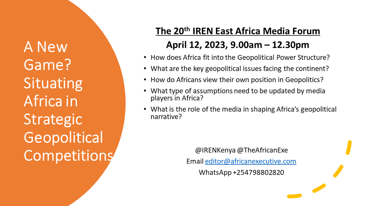 IRENKenya's tweet photo. It is a date!

Matters Situating Africa in strategic Geopolitical Competitions to be discussed during the 20th IREN East Africa Media Forum on April 12, 2023. 

Dont miss out!

#Africa #geopolitics #Strategiccompetitions https://t.co/yNm9NF38uM