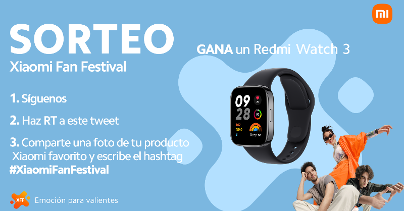 XiaomiEspana's tweet photo. Empieza #XiaomiFanFestival2023 y para celebrarlo, traemos un SORTEAZO. 

💥Gana un Redmi Watch 3 valorado en 119,99 €💥

1⃣Síguenos
2⃣Haz RT a este tweet
3⃣Comparte una foto de tu producto Xiaomi favorito
y escribe el hashtag #XiaomiFanFestival

¡Buena suerte! https://t.co/UMNzltmAk0
