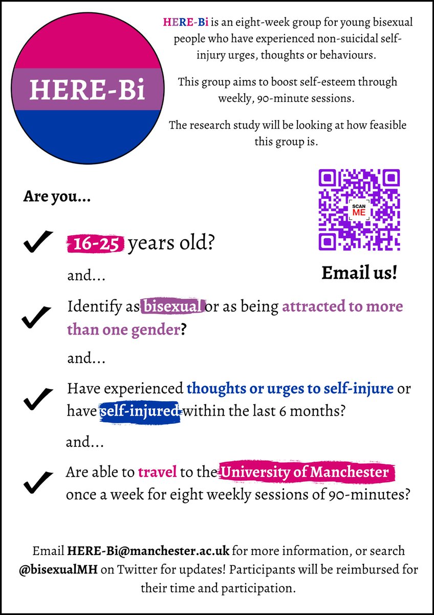 Bisexual Mental Health Research - UoM (@bisexualmh) on Twitter photo ๐ฃ Now recruiting for HERE-Bi, an 8-week self-esteem intervention for #bisexual young people which will be held at the University of Manchester <a href="/OfficialUoM/">The University of Manchester</a>, starting on Tuesday 16th May.
Please get in touch for more information! ๐ฃ Now recruiting for HERE-Bi, an 8-week self-esteem intervention for #bisexual young people which will be held at the University of Manchester <a href="/OfficialUoM/">The University of Manchester</a>, starting on Tuesday 16th May.
Please get in touch for more information!