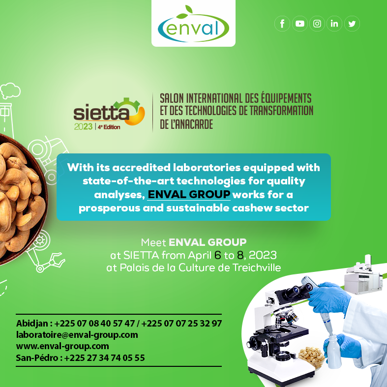 groupe_enval's tweet photo. Cashew Nuts Fair 2023 / ENVAL laboratory offers various analyzes of cashew nuts, all over Africa: - In Contaminants: The search for Chlorpyrifos, etc. -In Microbiology: analyzes of Micro-organisms at 30°C; etc - In Physico-chemistry: Research of humidity; etc https://t.co/gVrTIismf9