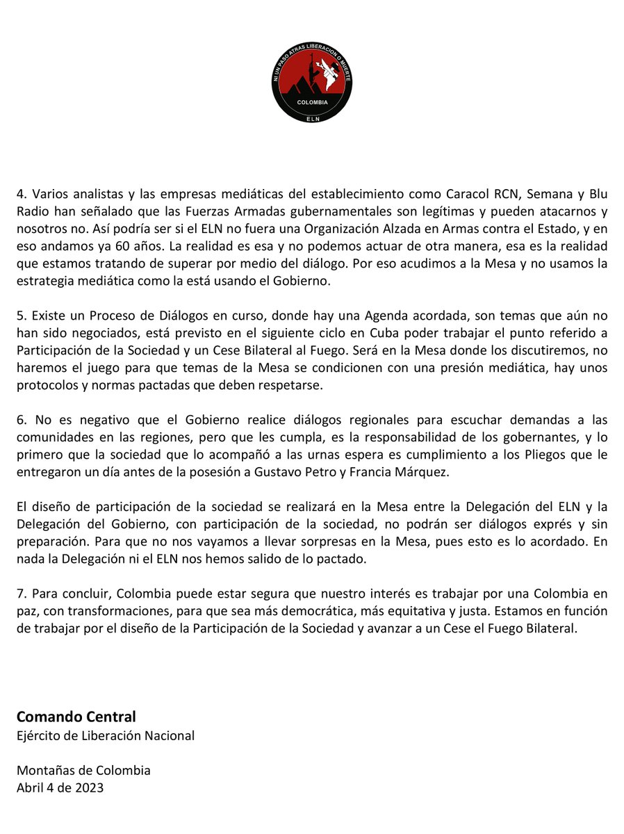 🚨ATENCIÓN🚨
Declaración política del COCE
PARA QUE TODOS CUMPLAMOS
Colombia puede estar segura que nuestro interés es trabajar por una Colombia en paz. Estamos en función de trabajar por el diseño de la  Participación de la Sociedad y avanzar a un Cese el Fuego Bilateral.
#ELN