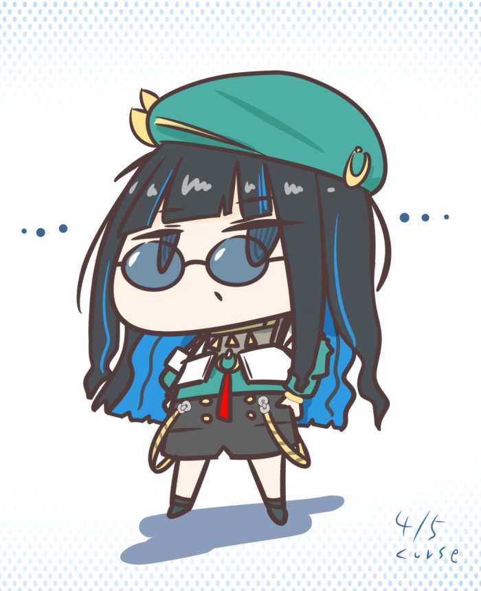 1girl black hair chibi solo hat long hair sunglasses  illustration images