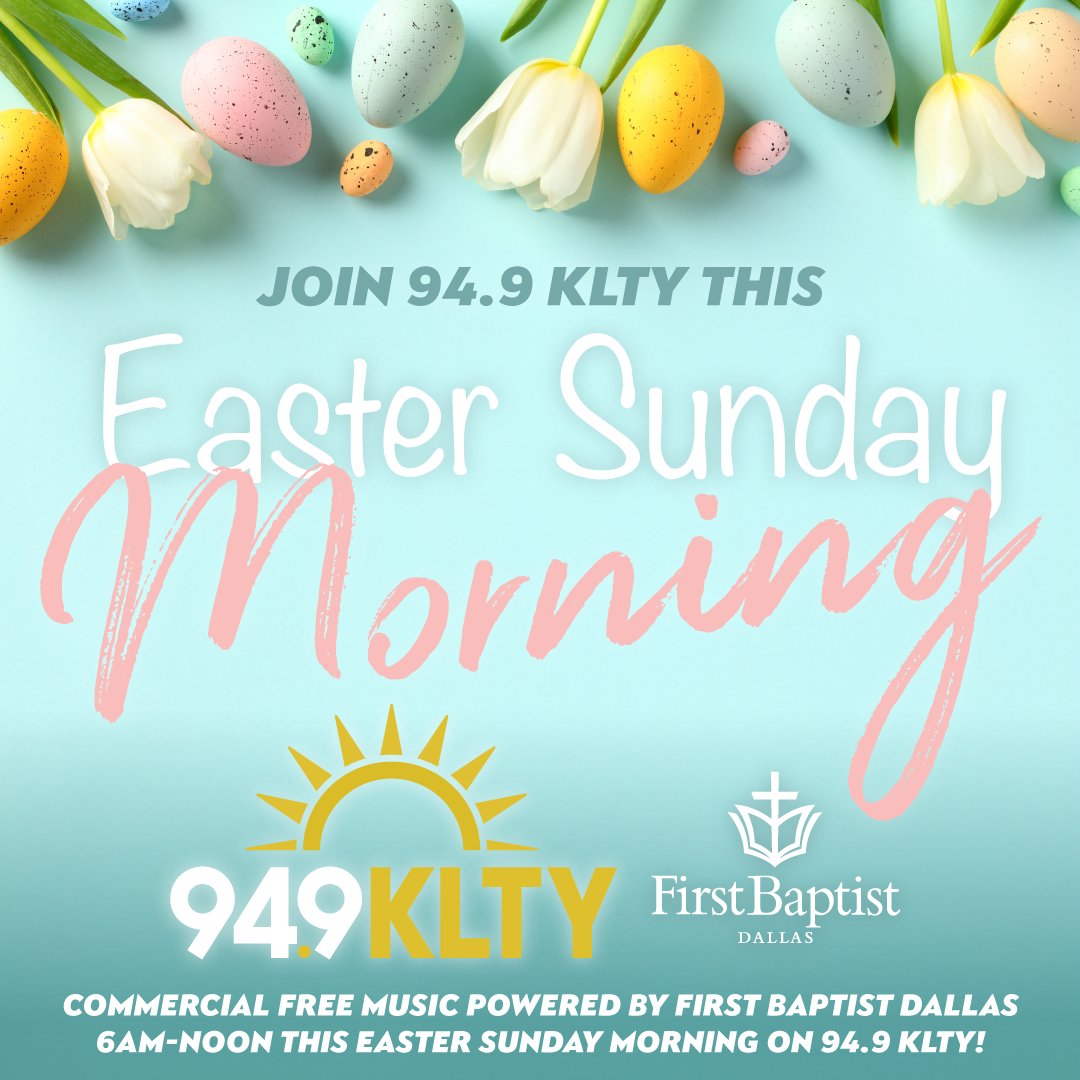 949KLTY's tweet photo. Sunday is coming! ⛅ Join 94.9 #KLTY this Easter Sunday morning for commercial free music 6am-noon powered by @firstdallas ➡ https://t.co/V2qPkN55NI 🎶 #eastersunday #commercialfree #firstdallas #liftyourspirit #heisrisen https://t.co/h5uzTPYo1l