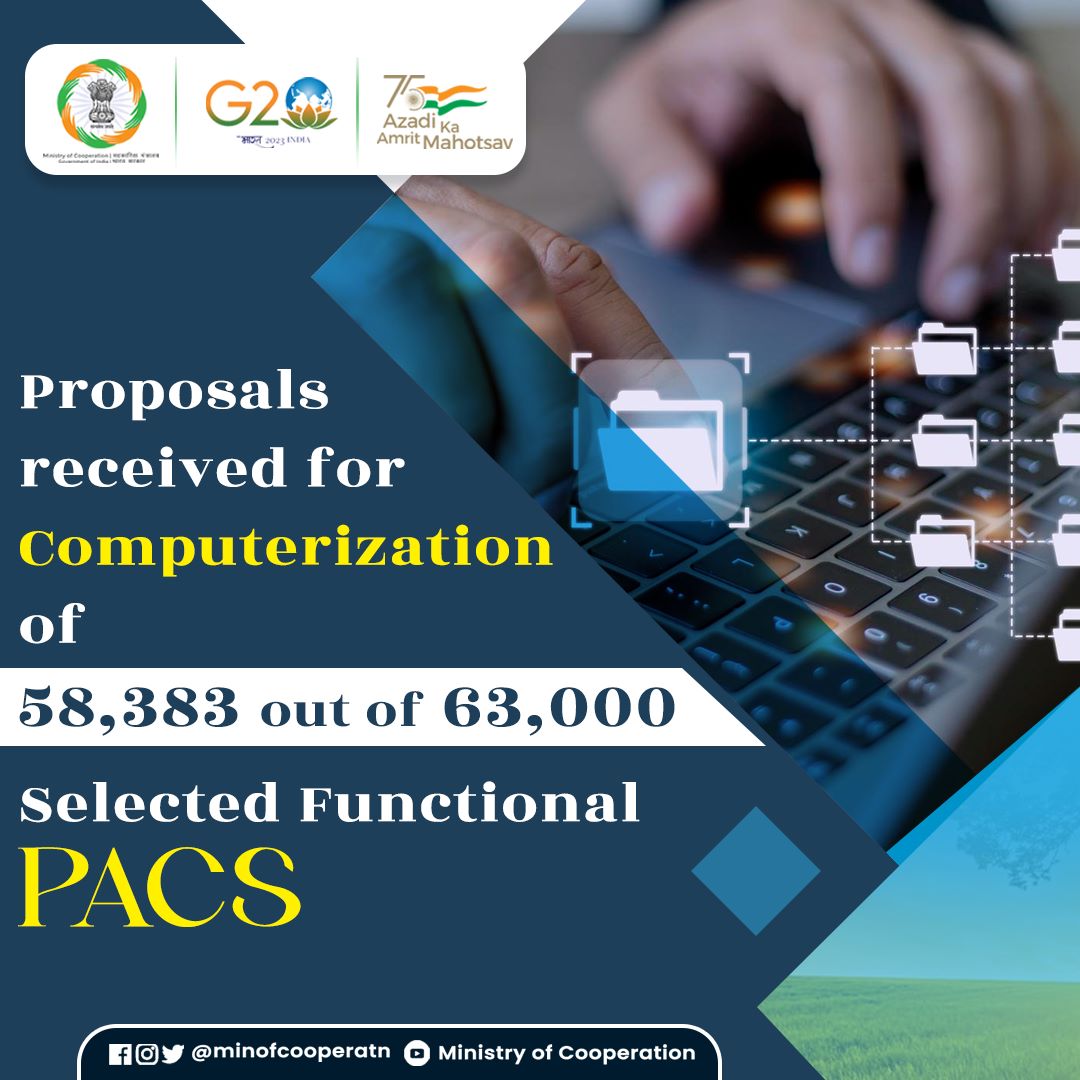 MinOfCooperatn's tweet photo. In a written reply of a question asked in Rajya Sabha, the Hon’ble Home &amp; Cooperation Minister, Shri Amit Shah stated that proposals for computerization of 58,383 Functional PACS have been received from 24 states and 4 UTs. https://t.co/ovghkcYR2m