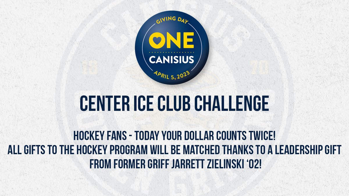 Center Ice Club Challenge 🥅

Your donation today as part of #CanisiusGivingDay will be matched by former Griff Jarrett Zielinksi '02.

➡️ bit.ly/CCGD23_ATH

#Griffs