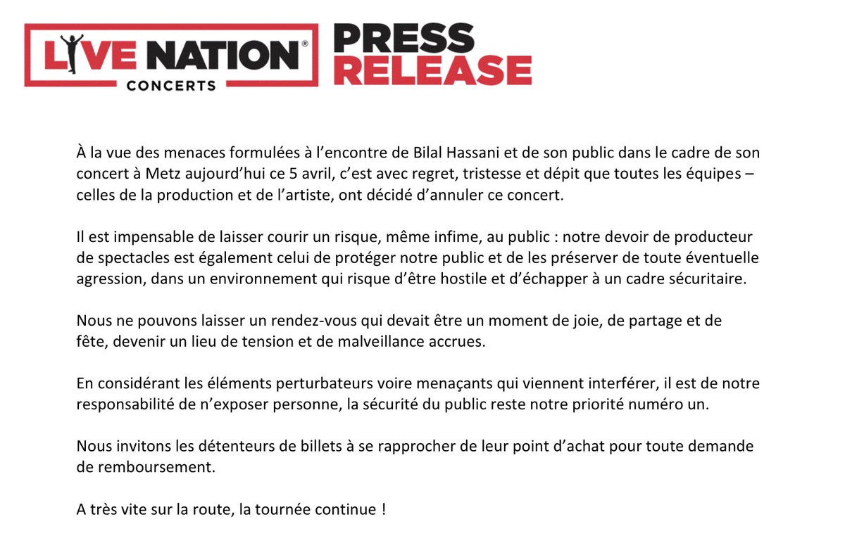 Jeremy Ka (@jeremykaradiotv) on Twitter photo Véritablement choqué par l'annulation du concert de <a href="/iambilalhassani/">Bilal Hassani</a> ce soir à #Metz Evidemment , la récupération politique va passer par là.Soutien à l'artiste , la prod et à son public.Et vive la culture libre! (ou pas) @MairiedeMetz #BilalHassani Véritablement choqué par l'annulation du concert de <a href="/iambilalhassani/">Bilal Hassani</a> ce soir à #Metz Evidemment , la récupération politique va passer par là.Soutien à l'artiste , la prod et à son public.Et vive la culture libre! (ou pas) @MairiedeMetz #BilalHassani