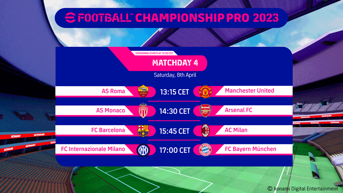 Spectacular encounters in store for you on the next #eFootballChampionshipPro Matchday 💥
 
Will FC Barcelona manage to hold on against former leaders AC Milan?

Follow it live here! 👇
youtube.com/live/1oqfUIpU6…

#eFootball