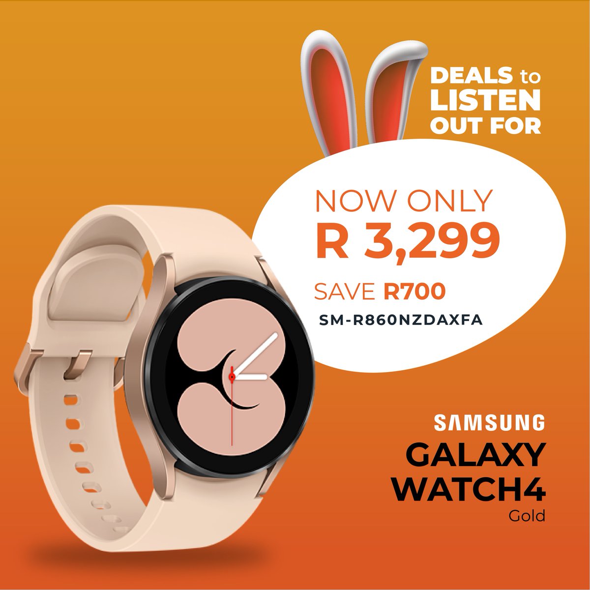 expertstores_sa's tweet photo. 🐰SAVE R700 on the @SamsungMobileSA Galaxy Watch4 40mm - Gold!
Track your workouts on your wrist.
🥚Get yours here: https://t.co/JFnkd9lIuV
#CrackingGoodDeals #ExpertSA #Easter #Samsung
E&OE | Subject to availability | T&Cs apply | Limited time only. https://t.co/IpEUNGlGP2