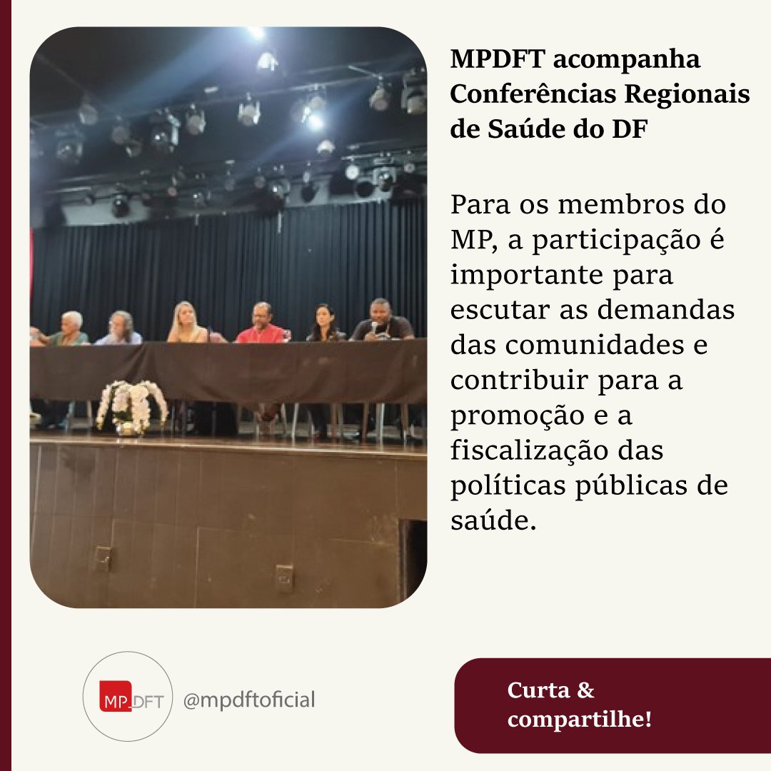 mpdft's tweet photo. Até o fim de março, o MPDFT participa das Conferências Regionais de Saúde. Os encontros são etapas preparatórias para a 11ª Conferência Distrital de Saúde, que será realizada de 23 a 25 de maio. #mpdft #proregmpdft #mpdftnascidades #atuacaompdft https://t.co/sfoWS6Cp7M