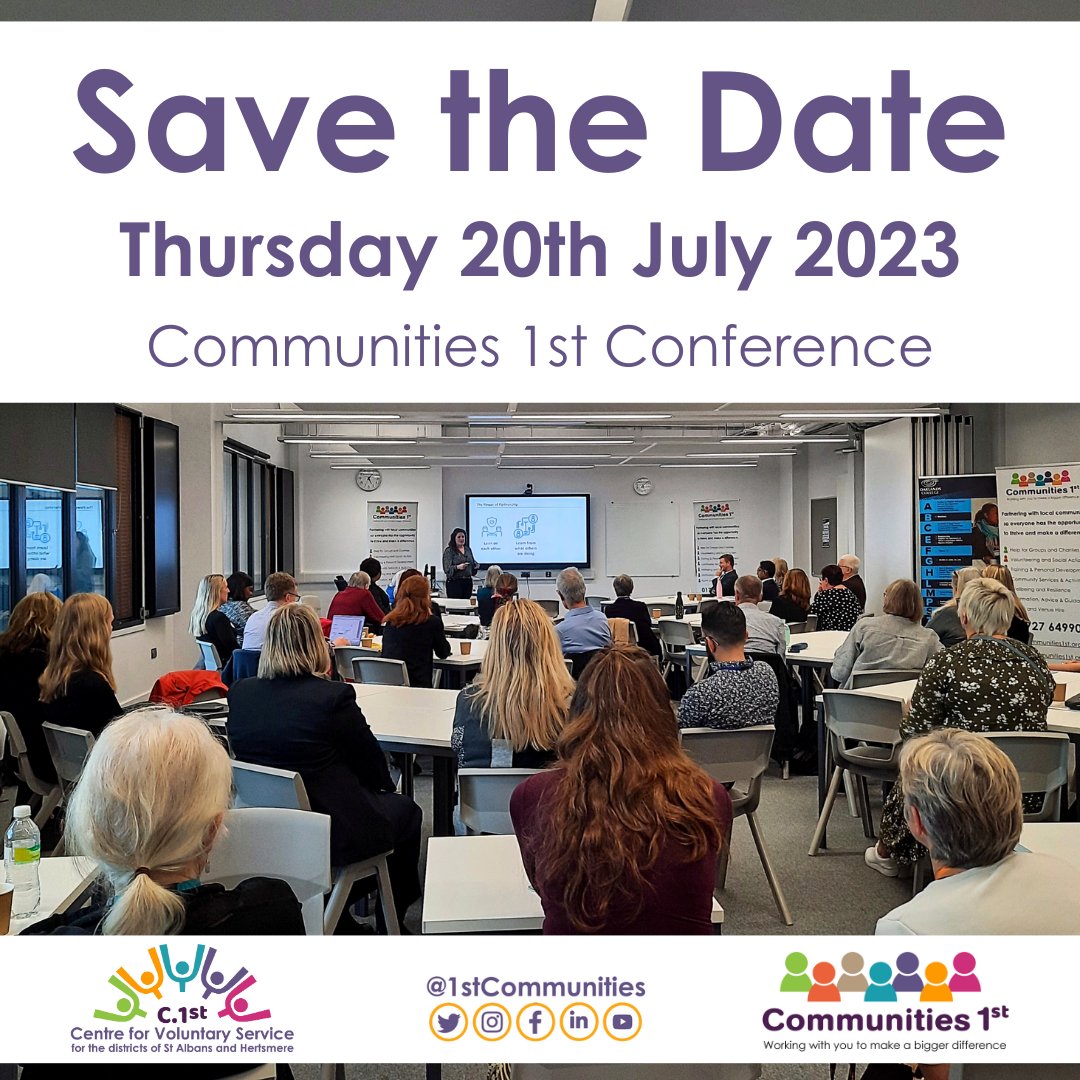 Save the date for our annual conference! 

It will be held on Thursday 20th July in St Albans. Mark this in your diary and come to our exciting and informative event for the voluntary, community, faith and social enterprise sector!

#vcfse #communities1stconference #savethedate