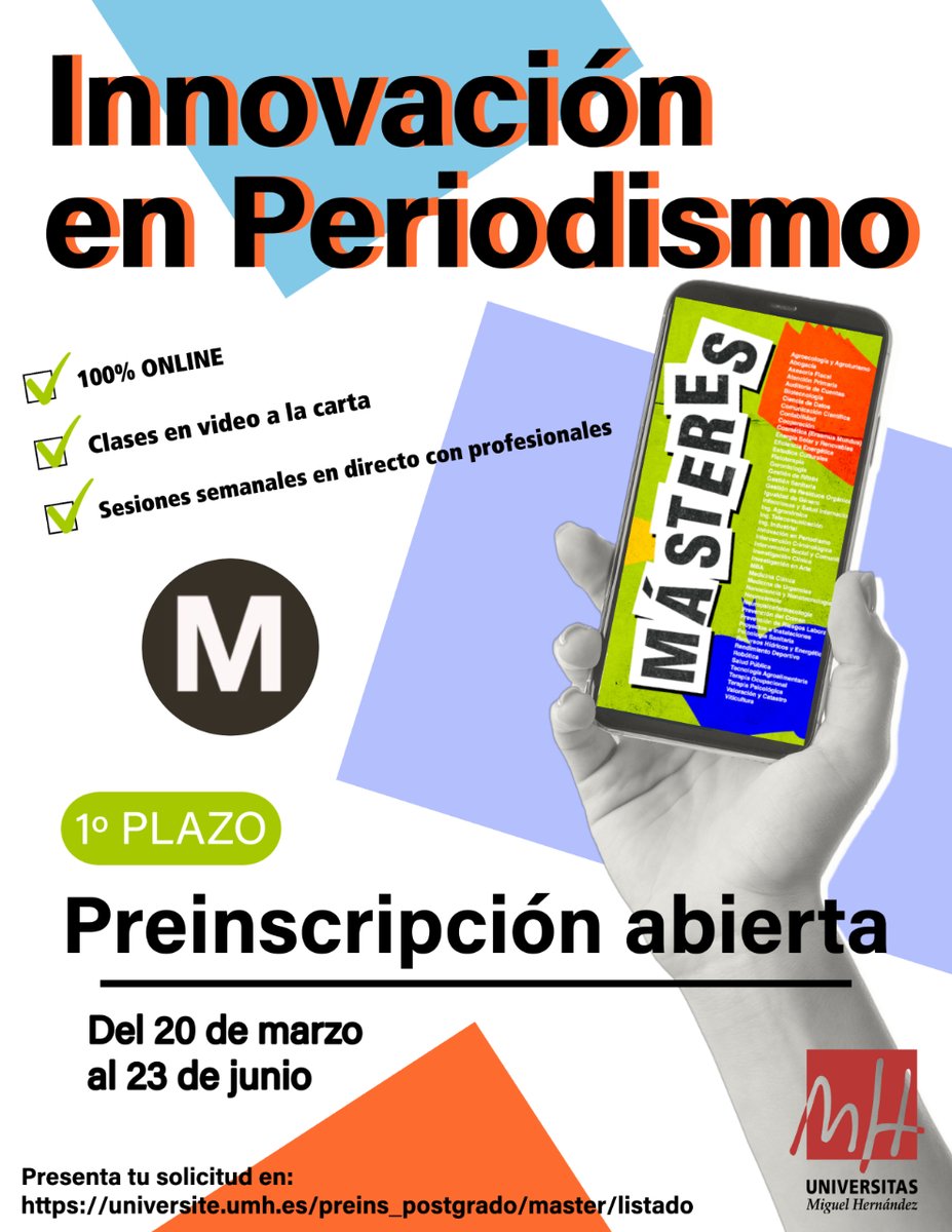 mipumh's tweet photo. 🗣️ El 1º plazo de preinscripción al Máster en Innovación en Periodismo #MIP de la #UMH para el curso 2023-24 ya está abierto.

📝 Presenta tu solicitud aquí: https://t.co/6UvlHErJ0v

📌 Más información: https://t.co/v8k0Vr9xUN https://t.co/xT1oizCIvf