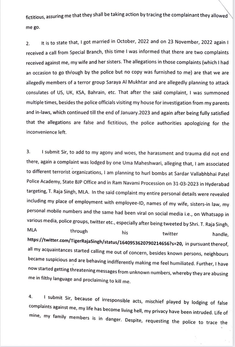 SQMasood's tweet photo. Imp.🧵👇
Recently a copy of a complaint made to the @CPHydCity about a Muslim couple planning for a terror attack on several places in Hyd &amp; on MLA Raja Singh. 

The letter got viral on social media &amp; Raja Singh also tweeted that. Which is found as fake &amp; sent to misguid d police https://t.co/JqCBBGFCmw