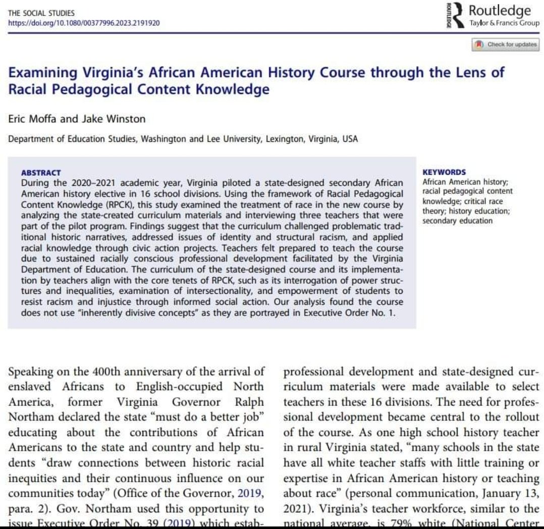EricMoffaEdD's tweet photo. Check out my most recent article published in The Social Studies on teaching about race in VA's African American history course. Co-authored with undergraduate student. Accessible for short time at link: https://t.co/uN6JiTxcJ1 #socialstudies #sschat #edchat #BlackHistory https://t.co/uLextTwDWx