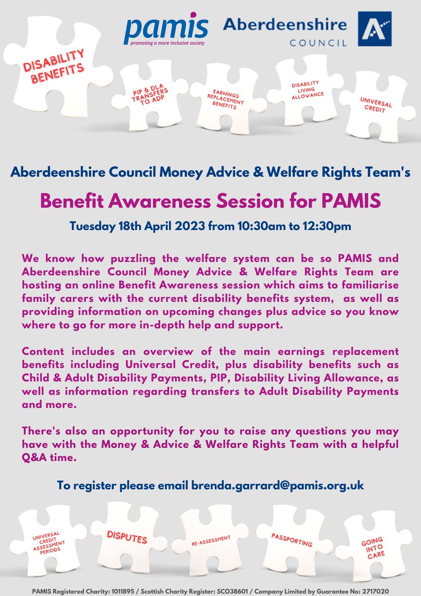 PAMIS_Scotland's tweet image. #Aberdeenshire families- we have funding to hold this session to help you have your head around the #welfaresystem and upcoming changes. Please join us for an informative session on the 18th. Booking info on poster below.