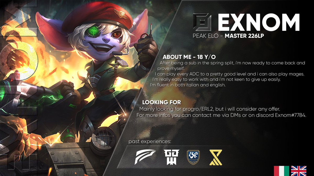 ExnomLoL's tweet photo. Might be a bit late, but it's now time to go LFT.
Looking for progro/ERL2+ team but will consider any offer.
Thank you to @Axseroo for the great graphic!
Leaguepedia: https://t.co/Ehowm3GA40 https://t.co/Oi1qrkmGtF