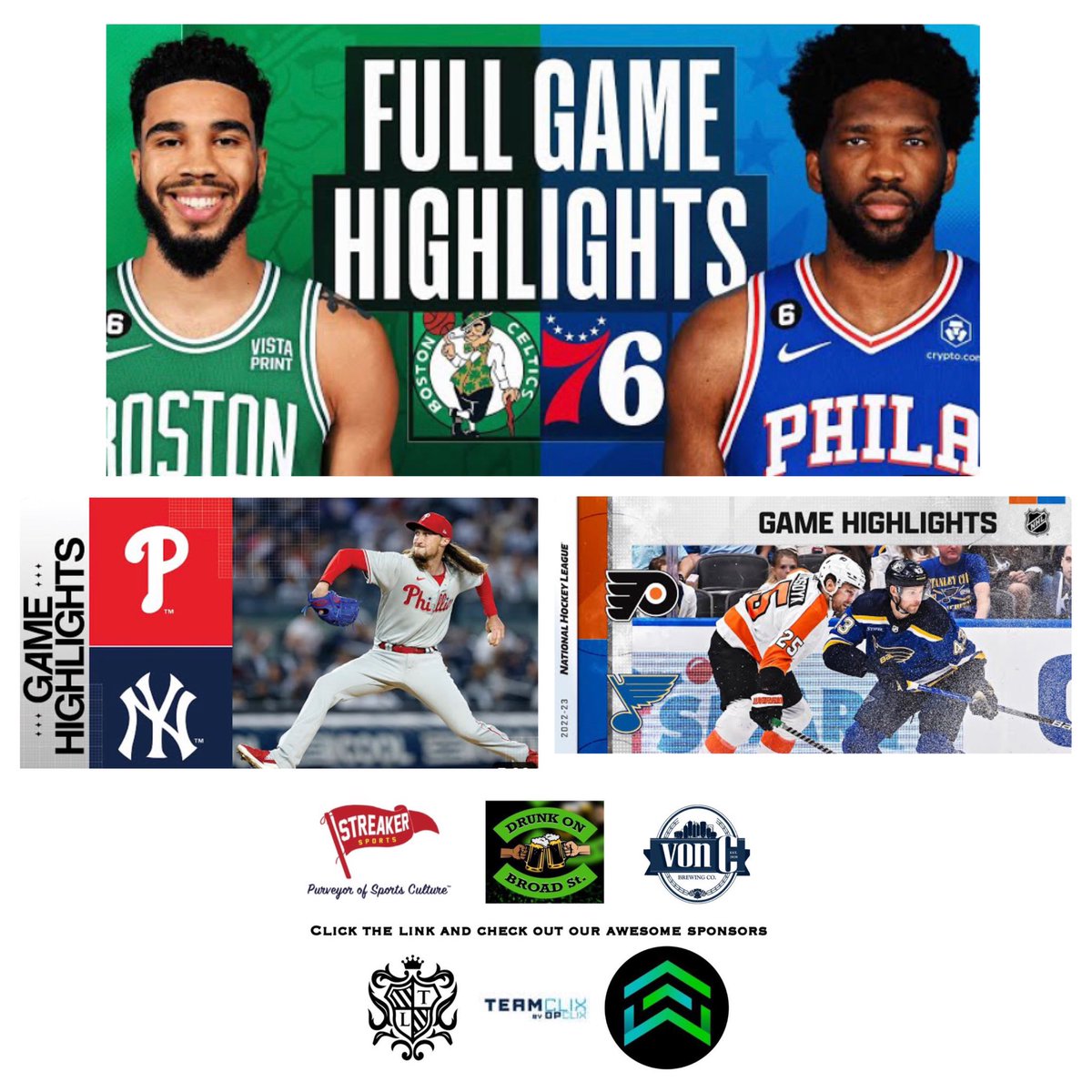@phillies beat the @Yankees 4-1 #RingTheBell
Highlights➡️ youtu.be/5EEkhD4nsTU

@philadelphiaflyers lost to the @StLouisBlues 4-2 #FueledByPhilly 
Highlights➡️ youtu.be/QnUOhbFOU2Q

@sixers beat the @celtics 103-101 #BrotherlyLove
Highlights➡️ youtu.be/hU6Gz43e-4g